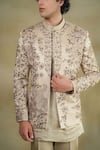 Jatin Malik_Grey Linen Silk Embroidery Floral Blast Jacket And Kurta Set _Online_at_Aza_Fashions