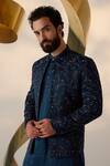 Jatin Malik_Blue Linen Silk Embroidery Kashmiri Jamawar Jacket And Kurta Set _at_Aza_Fashions