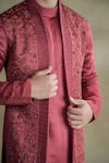 Jatin Malik_Red Linen Silk Embroidery Floral Garden Shrug And Kurta Set _Online_at_Aza_Fashions