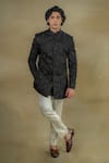 Buy_Jatin Malik_Black Linen Silk Embroidery Floral Garden Dali Bandhgala Set _at_Aza_Fashions