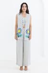 Pooja Rajgarhia Gupta_Off White Crepe Print Sunflower Grid Jacket Open And Pant Set _Online_at_Aza_Fashions