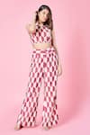 Buy_SAMMOHI BY MOKSHA AND HIRAL_Cream Textured Jam Satin Print Geometric High Neck Daphne Crop Top With Pant _at_Aza_Fashions