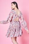 Shop_SAMMOHI BY MOKSHA AND HIRAL_Beige Chiffon Print Floral V Neck Zinnia Short Dress _at_Aza_Fashions