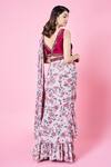 Shop_SAMMOHI BY MOKSHA AND HIRAL_Beige Blouse Dupion Silk Print Floral V Neck Zinnia Pre-draped Saree With _at_Aza_Fashions