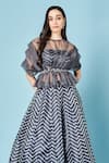 SAMMOHI BY MOKSHA AND HIRAL_Grey Liquid Organza Print Chevron Round Neck Iris Pattern Blouse Skirt Set _Online_at_Aza_Fashions