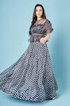 Buy_SAMMOHI BY MOKSHA AND HIRAL_Grey Liquid Organza Print Chevron Round Neck Iris Pattern Blouse Skirt Set _Online_at_Aza_Fashions