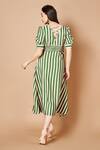 Shop_Sammohi By Moksha And Hiral_Green Silk V-neck Silas Stripe Pattern Dress _at_Aza_Fashions