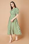 Buy_Sammohi By Moksha And Hiral_Green Silk V-neck Silas Stripe Pattern Dress _Online_at_Aza_Fashions