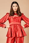 Sammohi By Moksha And Hiral_Red Silk, Satin Round Neck Sienna Stripe Pattern Top With Pant _Online_at_Aza_Fashions