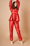 Shop_Sammohi By Moksha And Hiral_Red Silk, Satin Round Neck Sienna Stripe Pattern Top With Pant _Online_at_Aza_Fashions