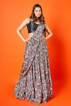 Buy_SAMMOHI BY MOKSHA AND HIRAL_Black Blouse Dupion Silk Print Paisley Pre-draped Floral Skirt Saree With _at_Aza_Fashions