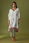 Buy_Sanjev Marwaaha_Ivory Modal Hand Block Printed Abstract Fish Motifs V Neck Kaftan And Pant Set_at_Aza_Fashions