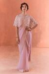 Buy_Summer By Priyanka Gupta_Pink Chiffon, Georgette, Net Cut Work, Floral Embroidered Saree Poncho Set_at_Aza_Fashions