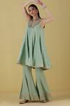 Inej_Green Rayon Flex Placement Thread Collar Anarkali With Bell Bottom Pant_Online_at_Aza_Fashions
