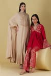 Inej_Beige Rayon Flex Embroidery Lurex Round Neck Floral Yoke Draped Kurta With Pant _at_Aza_Fashions