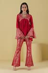 Buy_Inej_Red Rayon Flex Placement Embroidery Yoke Gathered Tunic With Bell Bottom Pant _at_Aza_Fashions