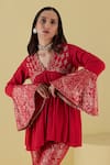 Inej_Red Rayon Flex Placement Embroidery Yoke Gathered Tunic With Bell Bottom Pant _Online_at_Aza_Fashions