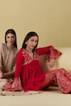 Inej_Red Rayon Flex Placement Embroidery Yoke Gathered Tunic With Bell Bottom Pant _at_Aza_Fashions