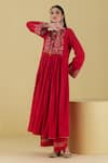 Buy_Inej_Red Rayon Flex Embroidery Lurex Round Neck Floral Yoke Anarkali With Palazzo _at_Aza_Fashions