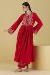 Inej_Red Rayon Flex Embroidery Lurex Round Neck Floral Yoke Anarkali With Palazzo _at_Aza_Fashions