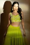 Shop_Redpine Designs_Green Georgette, Dupatta  Net Cutdana, Sequins, Moti V Neck Pleated Lehenga Set 