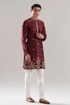 Asuka_Maroon Cotton, , Chanderi Embroidery, Floral Print Bundi Kurta Set _Online_at_Aza_Fashions