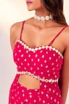 Silky Bindra_Pink Georgette Woven Polka Dot Sweetheart Neck Blouse And Pant Set_at_Aza_Fashions