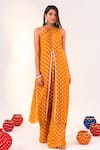 Buy_Silky Bindra_Yellow Georgette Woven Geometric Halter Neck Pattern Tunic With Pant _at_Aza_Fashions