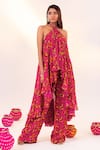 Buy_Silky Bindra_Purple Georgette Print Floral Halter Neck Asymmetric Tunic With Pant _at_Aza_Fashions