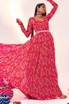 Buy_SILKY BINDRA_Pink Georgette Print Floral Round Neck Flower Vine Anarkali With Dupatta _Online_at_Aza_Fashions