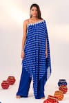 Shop_Silky Bindra_Blue Georgette Woven Polka Dot Asymmetric Tunic And Straight Pant Set_Online_at_Aza_Fashions