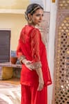 Shop_Gulabo Jaipur_Red Organza, Muslin Zari Round Neck Zifa Floral Zardozi Work Kurta Pant Set _at_Aza_Fashions