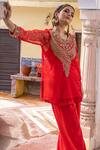 Buy_Gulabo Jaipur_Red Organza, Muslin Zari Round Neck Zifa Floral Zardozi Work Kurta Pant Set _Online_at_Aza_Fashions