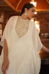 Nirjara_Ivory Cotton, Silk Sequins Round Neck Placed Floral Embroidered Kaftan With Pant _Online_at_Aza_Fashions