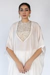 Shop_Nirjara_Ivory Cotton, Silk Sequins Round Neck Placed Floral Embroidered Kaftan With Pant 