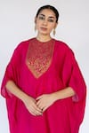 Shop_Nirjara_Pink Cotton Silk Embroidered Thread Floral Placement Kaftan With Pant  