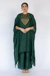 Buy_Nirjara_Emerald Green Cotton Silk Lailaa Placement Kaftan With Pant  _at_Aza_Fashions