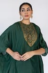 Nirjara_Emerald Green Cotton Silk Lailaa Placement Kaftan With Pant  _at_Aza_Fashions