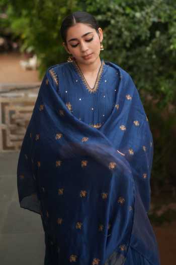 Nirjara_Blue Chanderi , Sequins, Farah Embellished Yoke Kurta With Pant _Online_at_Aza_Fashions