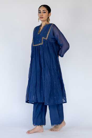 Shop_Nirjara_Blue Chanderi , Sequins, Farah Embellished Yoke Kurta With Pant _Online_at_Aza_Fashions