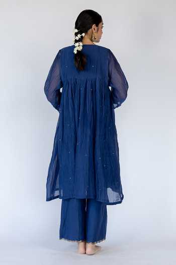 Nirjara_Blue Chanderi , Sequins, Farah Embellished Yoke Kurta With Pant _at_Aza_Fashions