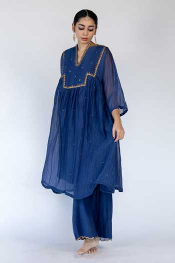 Buy_Nirjara_Blue Chanderi , Sequins, Farah Embellished Yoke Kurta With Pant 