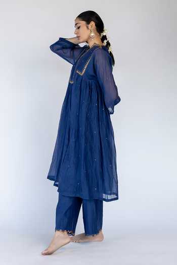 Shop_Nirjara_Blue Chanderi , Sequins, Farah Embellished Yoke Kurta With Pant 