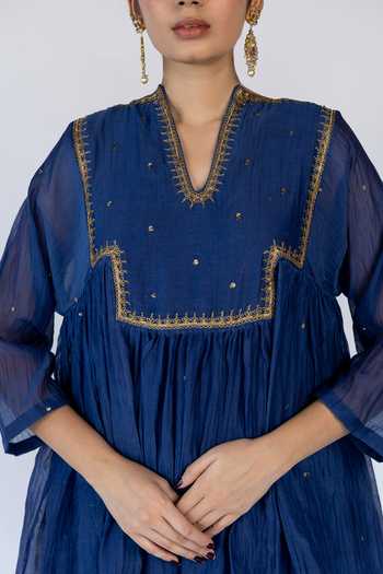 Nirjara_Blue Chanderi , Sequins, Farah Embellished Yoke Kurta With Pant _Online