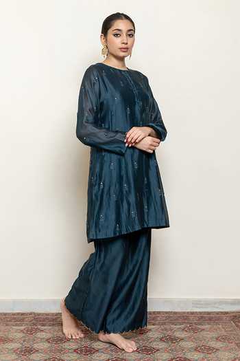 Shop_Nirjara_Blue Chanderi Silk, Cotton Sequins, Embroidery Floral Sprig Kurta With Pant _Online_at_Aza_Fashions