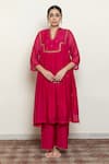 Buy_Nirjara_Pink Cotton, Chanderi Embroidery Boat Neck Farah Yoke Kurta And Pant Set _Online_at_Aza_Fashions