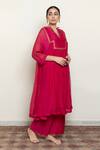 Nirjara_Pink Cotton, Chanderi Embroidery Boat Neck Farah Yoke Kurta And Pant Set _at_Aza_Fashions