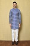 Buy_Aryavir Malhotra_Blue Kurta Cotton Silk Printed Checkered Bandhani Short Set _Online_at_Aza_Fashions