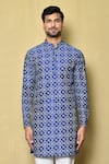 Shop_Aryavir Malhotra_Blue Kurta Cotton Silk Printed Checkered Bandhani Short Set _Online_at_Aza_Fashions