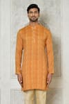 Shop_Aryavir Malhotra_Orange Kurta Cotton Silk Printed Checkered Set _Online_at_Aza_Fashions